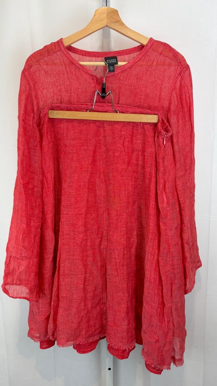 EILEEN FISHER Linen Two Piece Set Outfit Button Top Skirt Pink Red MIX SIZE M L
